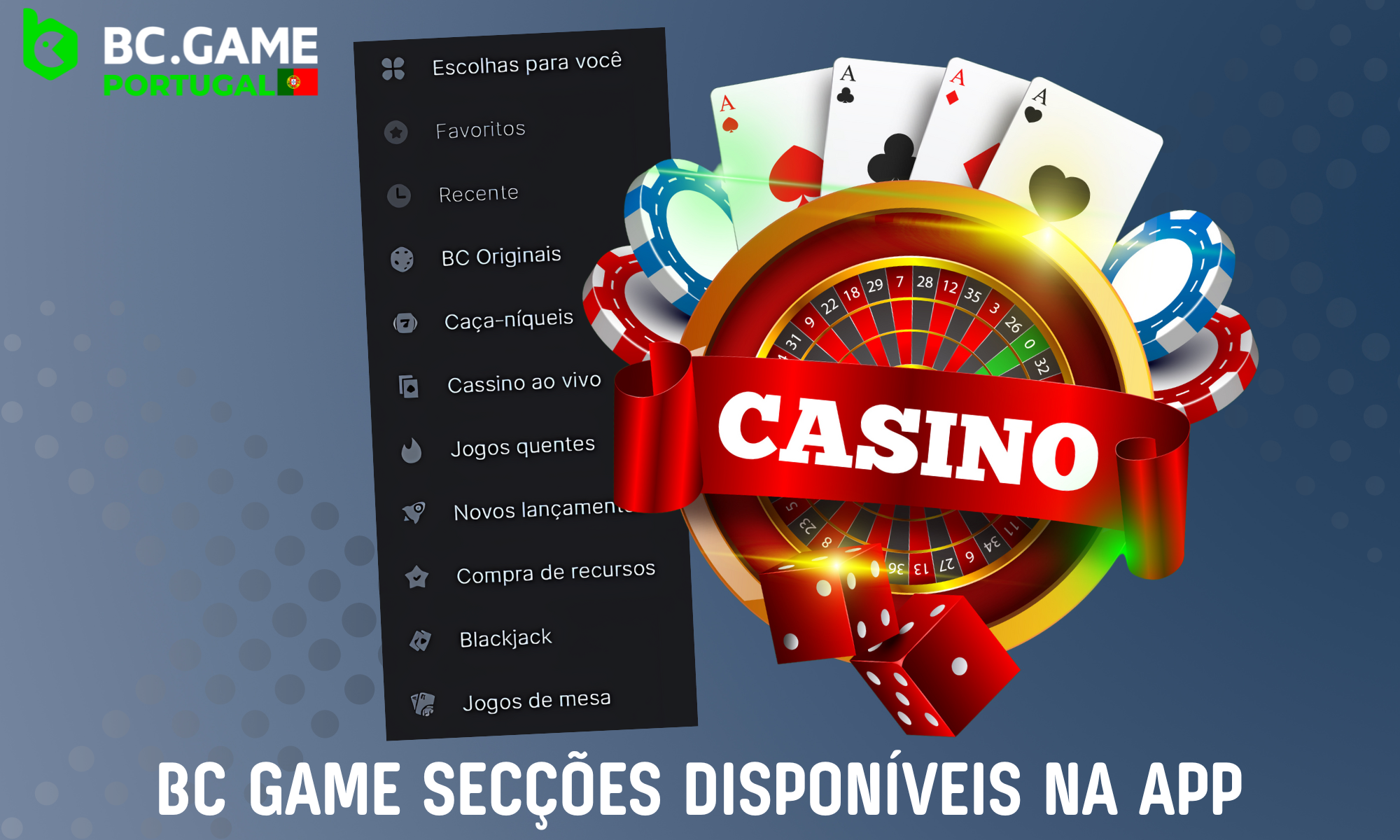 Visão geral das secções do Casino BC Game disponíveis para jogadores de Portugal