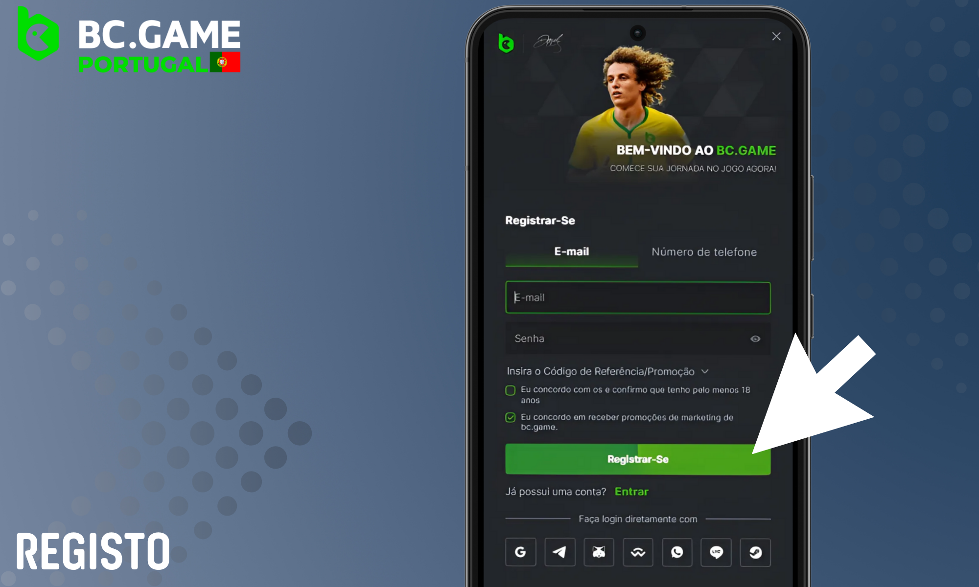 Instruções passo a passo para registar uma conta através da aplicação BC Game